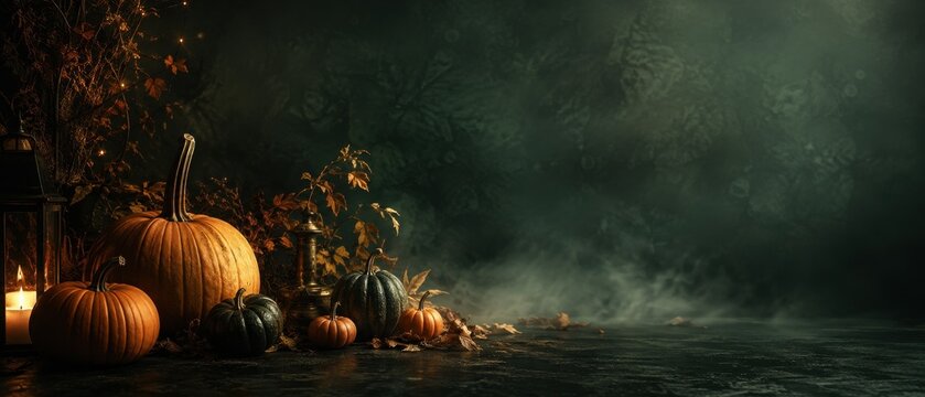 Halloween pumpkins and candle in moody foggy still life