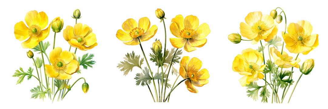Bright yellow buttercup flowers in full bloom with a black backdrop are presented in a row