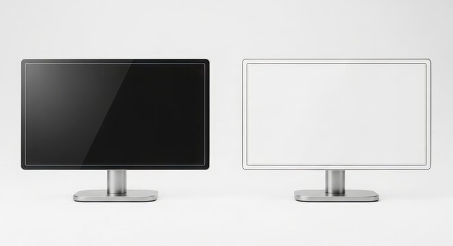A black and a white computer monitor on a white background