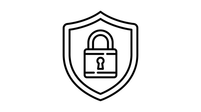 A black outline icon depicting a shield with a padlock in the center, symbolizing security and protection.