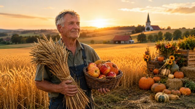 &Auml;lterer deutscher Landwirt tr&auml;gt Getreide und einen Korb mit &Auml;pfeln und K&uuml;rbis durch ein goldenes Feld bei Sonnenuntergang &ndash; Erntedank, Tradition und Landwirtschaft.