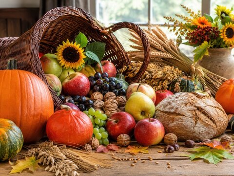 Rustikales Erntedank-Stillleben mit K&uuml;rbissen, &Auml;pfeln, Birnen, Trauben, Bauernbrot, Waln&uuml;ssen und Getreide &ndash; traditionelle deutsche Erntegaben auf einem Holztisch.