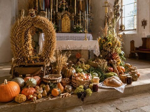 Traditionelle Erntedankdekoration in einer deutschen Kirche mit gro&szlig;er Erntekrone, K&uuml;rbissen, Gem&uuml;se, Obst, Brot und Getreide vor dem festlich geschm&uuml;ckten Altar.