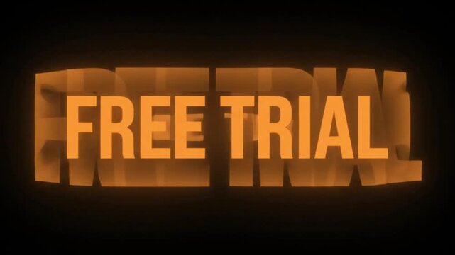 Animated glowing free trial text overlay an digital graphic displaying the words with an orange