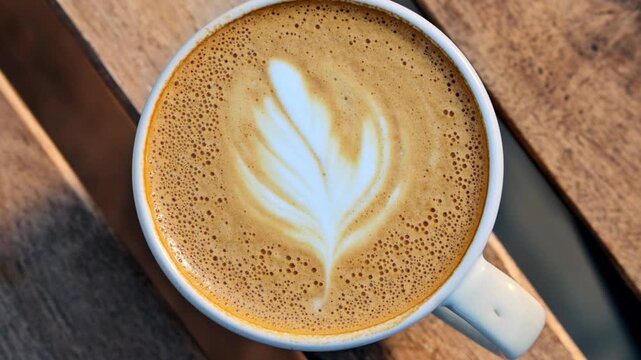 Overhead close-up of a cappuccino with rosetta latte art on a weathered wooden table
