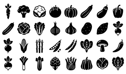 Obraz premium Monochrome Vegetable Flat Icons with Organic Farm Produce and Healthy Food Symbols Vector Set
