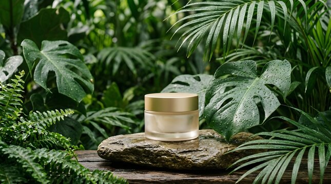 Luxurious skincare product in tropical jungle setting with greenery