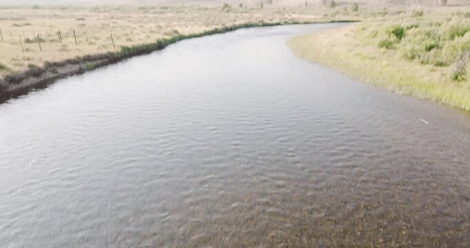 Gentle river ripples reflect sunlight on pebbly riverbed