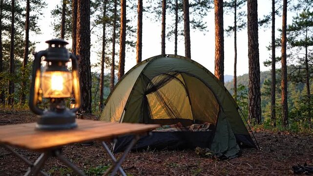 Camping lantern glows beside green tent in pine forest. Warm light rests on folding table while woodland floor, tall trunks, and distant hills create quiet outdoor shelter atmosphere during evening.