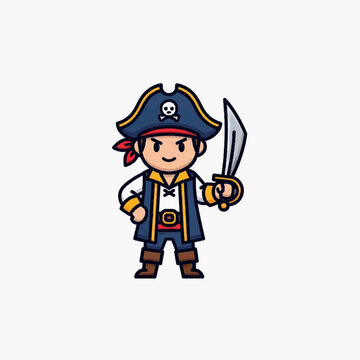Vector illustration of a cute cartoon pirate captain character holding a silver cutlass sword, wearing a blue bicorne hat with skull icon, red bandana, and traditional sailor outfit.