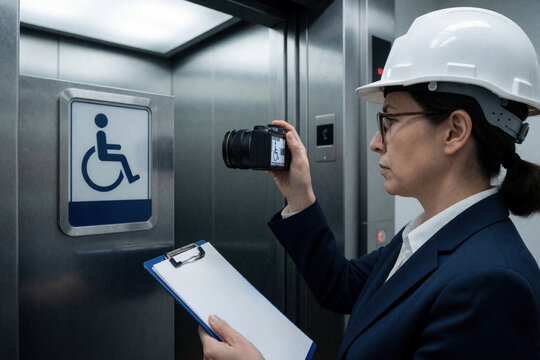Woman inspector in hard hat photographs elevator accessibility symbol for checklist. She holds camera and clipboard for compliance verification at building site, checking wheelchair access.