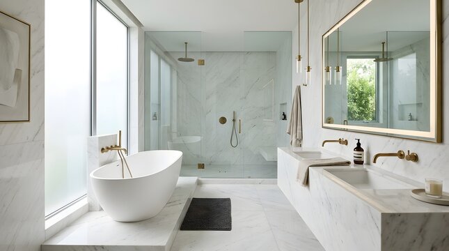 Luxurious modern bathroom with freestanding tub and marble fixtures