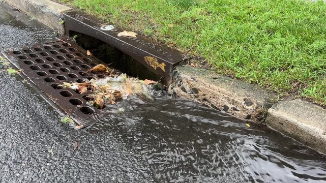 Rainwater drainage system or Storm drain during rain