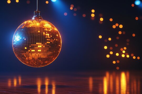 Shiny orange disco ball glowing on dance floor with bokeh lights festive nightlife retro party mood vibrant celebration concept