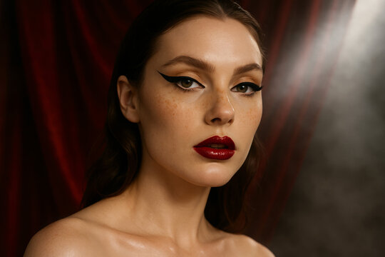 Woman portrait dramatic red lips bold eyeliner glamorous beauty studio shot elegant makeup fashion style female face confident expression concept