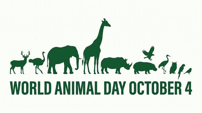 World Animal Day October 4 banner, green wildlife silhouettes on white background, conservation and animal welfare concept