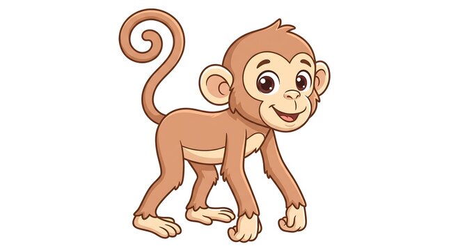 Cute cartoon monkey illustration, happy brown primate character, friendly jungle animal mascot on white background