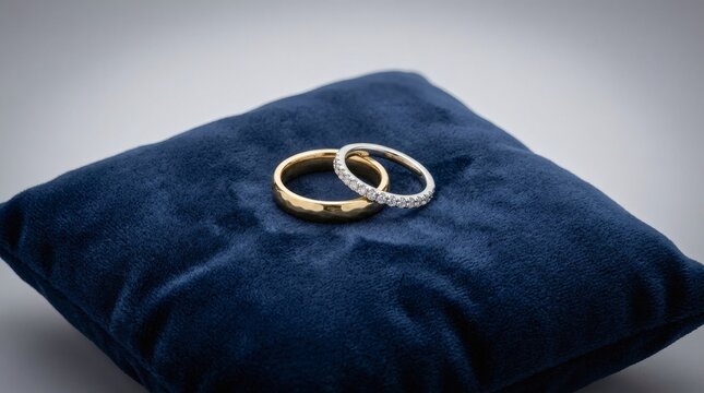 Two wedding rings on blue velvet pillow, gold band and diamond engagement ring, marriage proposal, romantic interlocking jewelry