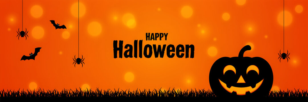 Happy halloween banner with silhouette of a smiling jack o lantern, hanging spiders, and bats against an orange blurred bokeh background