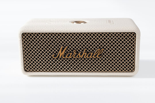 Front view of Marshall Emberton III cream wireless bluetooth speaker isolated on white background