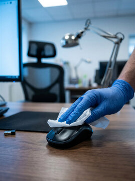 Cleaning computer mouse with disinfectant wipe in office workspace  