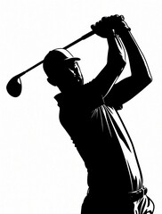 Fototapeta premium Golfer in black silhouette swings club against white background. Athlete completes backswing motion, ready for shot. Focus on movement and power in sport.