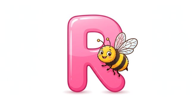 Cartoon pink letter R with cute honey bee, glossy bubble alphabet character, educational nursery school typography