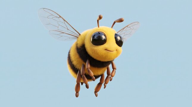 Cute 3D honey bee character flying on blue background, fuzzy bumblebee mascot with big eyes, friendly cartoon insect for nature education
