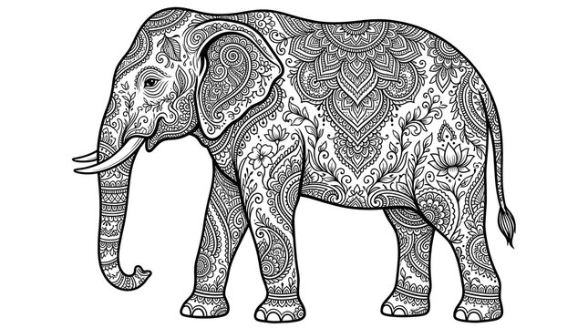 Intricate elephant illustration featuring detailed floral mandala patterns and paisley flourishes designed for therapeutic adult coloring book pages or art projects