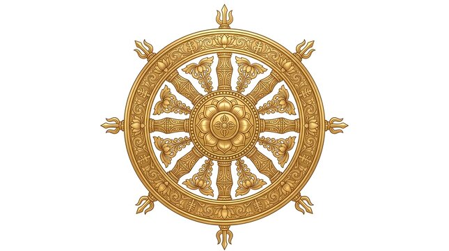Golden dharma wheel with intricate floral engravings isolated on white background depicting spiritual wisdom and ancient buddhist religious symbolism concepts