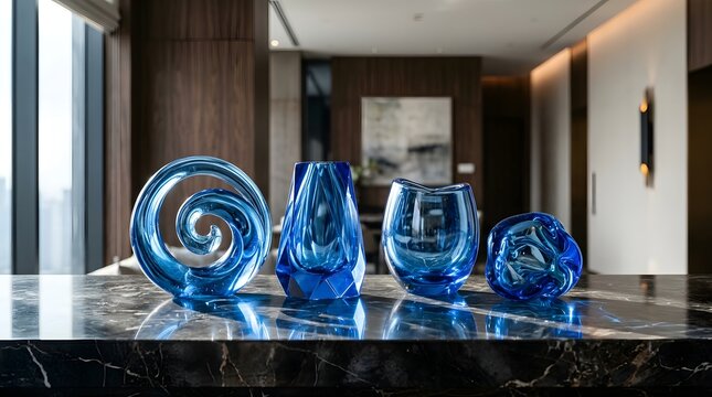 Modern blue glass vases on a marble countertop in a luxury interior