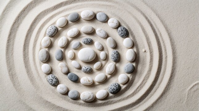 White stones arranged in concentric circles on raked sand. Minimalist zen garden layout for meditation, spiritual balance. Calm spa background with smooth pebbles, sand patterns. Peaceful wellness