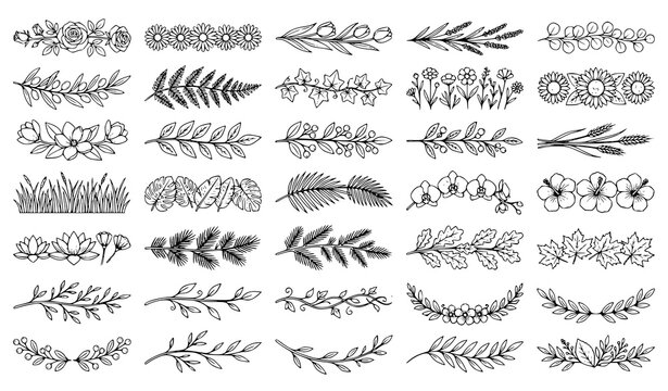Floral borders, botanical dividers, flower garlands, and leaf branches line art vector icons set isolated on white background