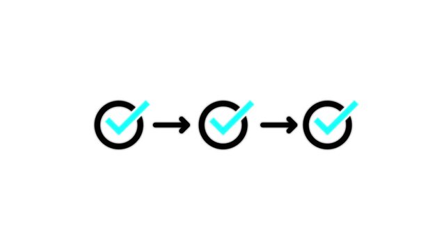 Three step approval and verification process with connected check mark icons representing successful task completion, workflow progress, validation, confirmation, and secure business operations.