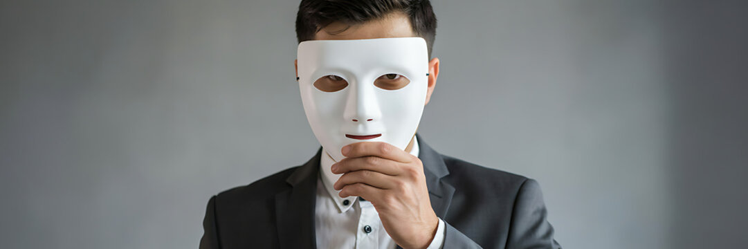 A businessman in a dark suit and white shirt holding a plain white mask in front of his face while standing against a solid grey background