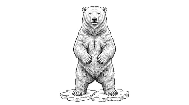 Polar bear standing tall on a small patch of melting arctic ice rendered as a detailed black and white sketch