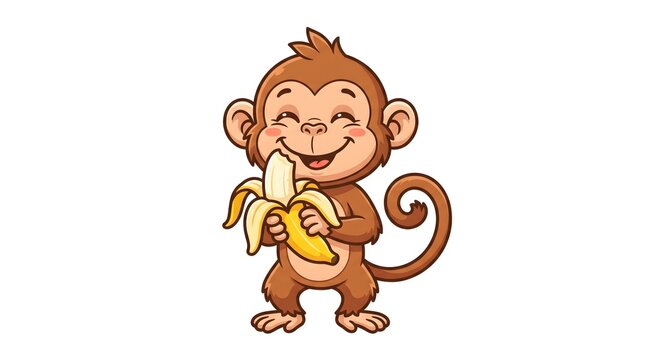 Happy cartoon monkey smiling while holding a peeled yellow banana in this colorful flat vector style digital art illustration design