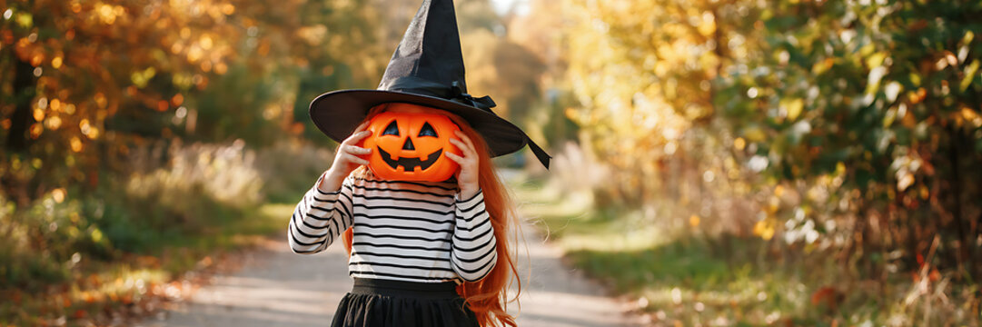 A young girl dressed as a witch wearing a black hat and striped shirt holds a carved orange jack-o-lantern pumpkin in front of her face outdoors