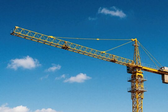 Yellow tower crane extends high against blue sky. Construction equipment lifts materials at building site. Industrial machinery works on development project.