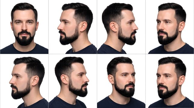 Handsome young man displaying various head angles and facial expressions including profile and frontal views against a clean white background