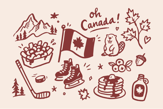 Canada Doodle Set with Flag, Hockey and Maple Syrup