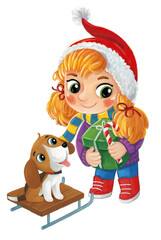 cartoon scene with girl and her dog on winter day with presents on snow christmas illustration for kids