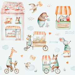 Seamless pattern with watercolor hand drawn cute happy animals giraffe on bike, bynny and bear animal in the village. Fawn and mouse are riding scooter illustration in a quirky city  baby 
