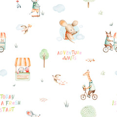 Watercolor seamless pattern animals giraffe and fawn illustration. Cute bunny and mouse. Animal and affirmations for baby kids party decoration, design for nursery room