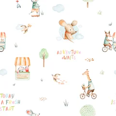 Watercolor seamless pattern animals giraffe and fawn illustration. Cute bunny and mouse. Animal and affirmations for baby kids party decoration, design for nursery room © kris_art