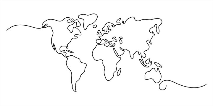 World map drawing in a continuous single line style Vector, illustration