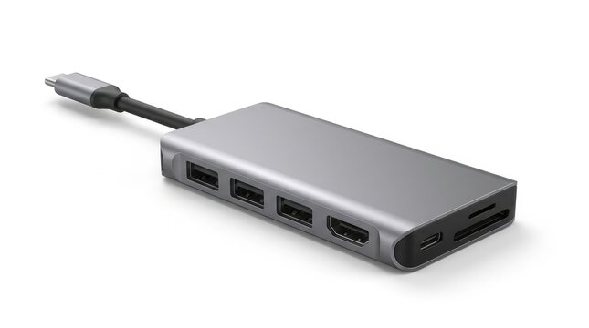 Usb c hub multiport adapter dongle with hdmi, usb 30 ports, sd card reader isolated on white background