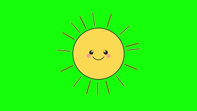 Three identical cartoon sun characters smiling cheerfully against a bright solid green screen background