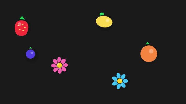 Playful animated pattern featuring floating colorful fruits and flowers against deep dark background with cheerful whimsical animation repeating pattern stylized