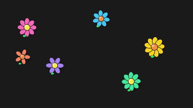 Colorful retro daisy flowers scattered across a solid dark black background decorative pattern design with video displays collection vibrant scattered randomly with bright colors scattered
